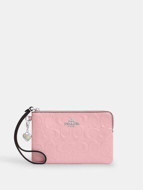 NWT NIB PINK Coach Corner Zip Wristlet In Signature Leather With Heart Charm